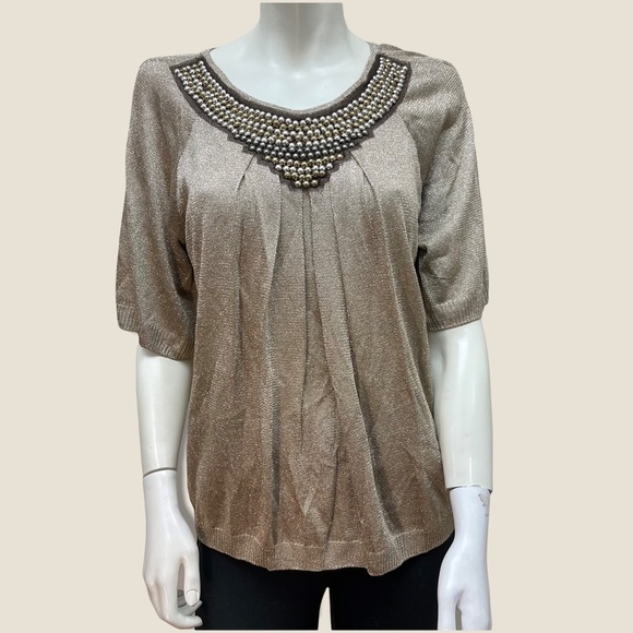 ST. John Gold Knit Beaded Neck Sweater‎ M - Picture 1 of 7
